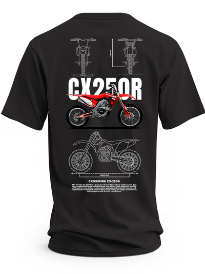 Czarna koszulka z czerwonym motocyklem Crossfire CX-250R, napisem CX250R i rysunkami technicznymi