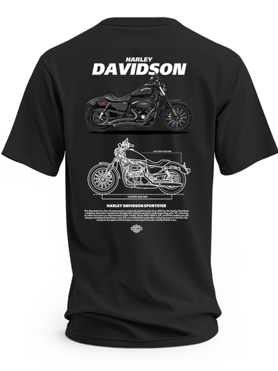 Czarna koszulka z czarnym motocyklem Harley-Davidson Sportster, białym napisem Harley Davidson i rysunkiem technicznym