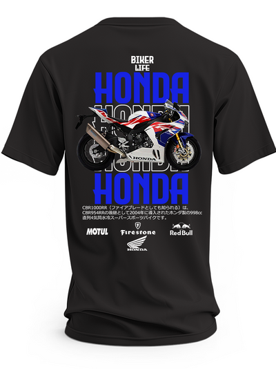 Czarna koszulka z biało-czerwono-niebieskim motocyklem Honda CBR 1000 i dużymi niebieskimi napisami Honda