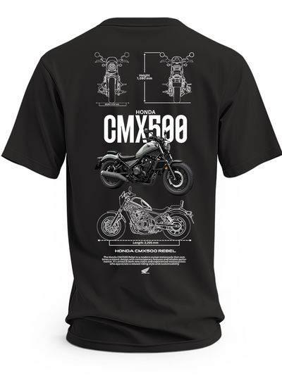 Czarna koszulka z motocyklem Honda CMX500 Rebel, napisem CMX500 i rysunkami technicznymi