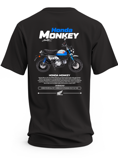 Czarna koszulka z niebiesko-białym motocyklem Honda Monkey i napisem Honda Monkey