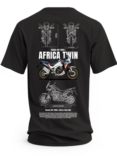 Czarna koszulka z motocyklem Honda CRF 1000 L Africa Twin ABS i rysunkami technicznymi