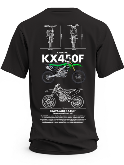Czarna koszulka z zielonym motocyklem Kawasaki KX450F i rysunkami technicznymi