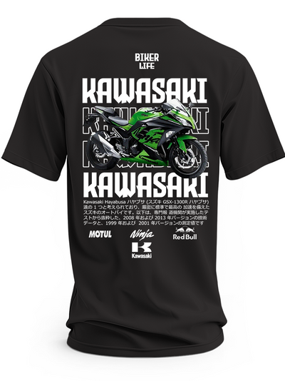 Czarna koszulka z zielonym motocyklem Kawasaki Ninja i dużymi napisami Kawasaki