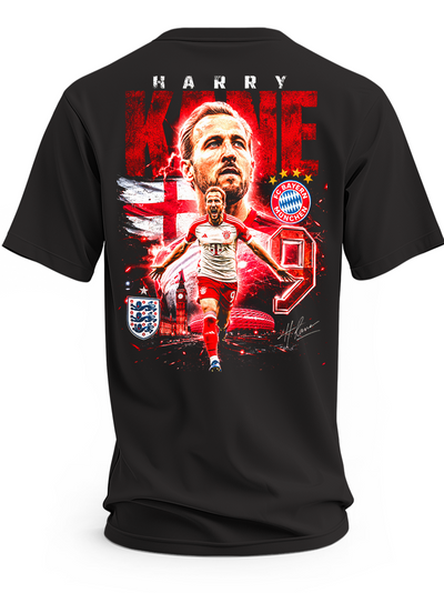 Czarna koszulka z grafiką Harry’ego Kane’a w czerwonej koszulce Bayernu Monachium.