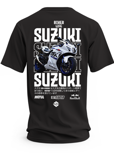 Czarna koszulka z motocyklem Suzuki i dużymi białymi napisami Suzuki