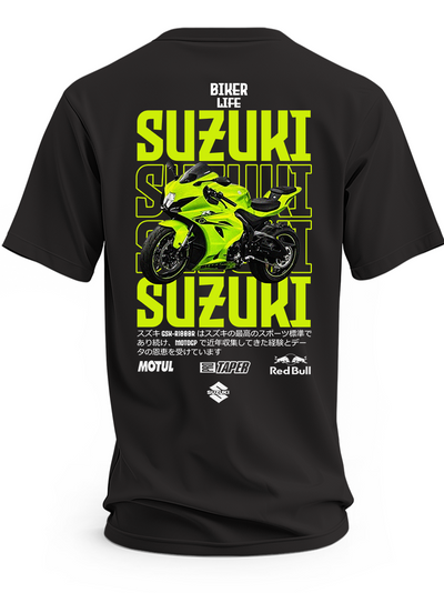 Czarna koszulka z motocyklem Suzuki i dużymi żółtymi napisami Suzuki – wzór 2