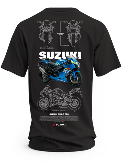 Czarna koszulka z motocyklem Suzuki GSX-R 600, niebieskim napisem Suzuki i rysunkami technicznymi