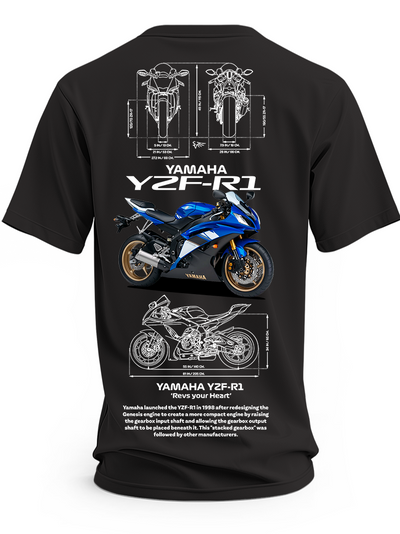 Czarna koszulka z niebieskim motocyklem Yamaha YZF-R1 i rysunkami technicznymi