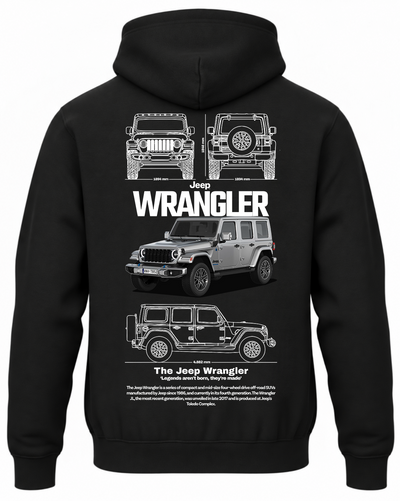 Czarna bluza z kapturem z nadrukiem białego samochodu Jeep Wrangler