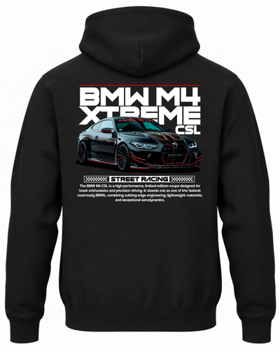 Czarna bluza z kapturem z nadrukiem samochodu BMW M4 CSL