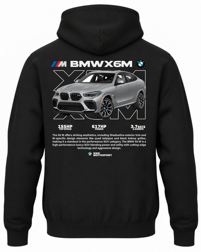 Czarna bluza z kapturem z nadrukiem samochodu BMW X6 M