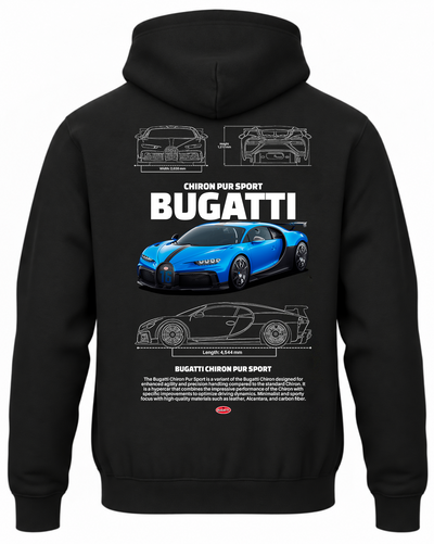 Czarna bluza z kapturem z nadrukiem samochodu Bugatti Chiron Pur Sport