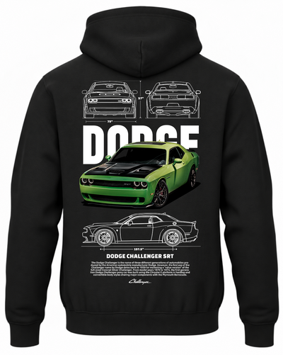 Czarna bluza z kapturem z nadrukiem samochodu Dodge SRT