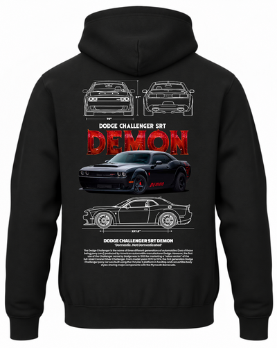 Czarna bluza z kapturem z nadrukiem samochodu Dodge SRT Demon
