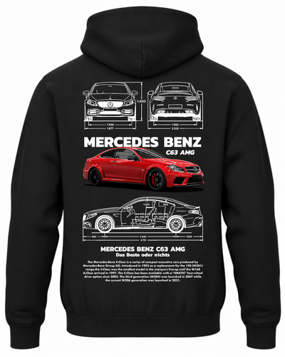 Czarna bluza z kapturem z nadrukiem Mercedes-Benz C63 – biały samochód
