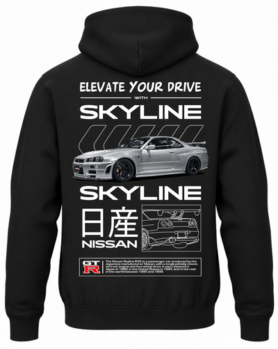 Czarna bluza z kapturem z nadrukiem Nissan Skyline R34