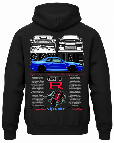 Czarna bluza z kapturem z nadrukiem Nissan Skyline GT-R – niebieski