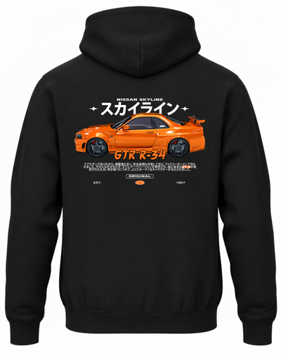 Czarna bluza z kapturem z nadrukiem Nissan Skyline – pomarańczowy