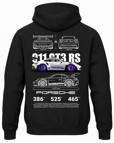 Czarna bluza z kapturem z nadrukiem Porsche 911 GT3 RS – niebieski