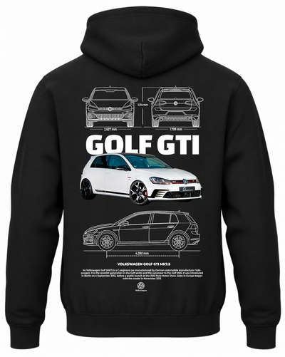 Czarna bluza z kapturem z nadrukiem VW Golf GTI MK7 – biały samochód