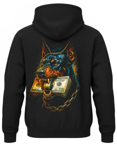 Bluza z dobermanem trzymającym banknoty dolarowe