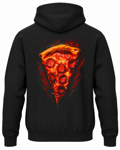 Czarna bluza z płonącym kawałkiem pizzy w czerwono-pomarańczowych barwach