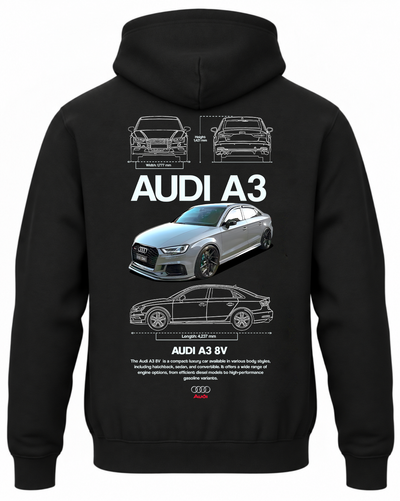 Czarna bluza z kapturem z nadrukiem samochodu Audi A3