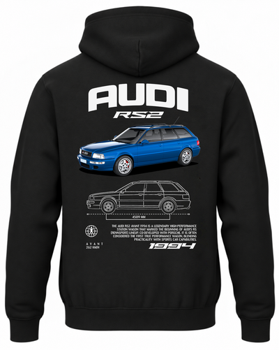 Czarna bluza z kapturem z nadrukiem samochodu Audi RS2