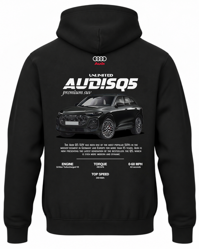 Czarna bluza z kapturem z nadrukiem samochodu Audi SQ5