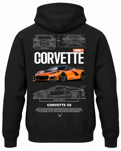 Czarna bluza z kapturem z nadrukiem samochodu Chevrolet Corvette C8