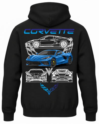 Czarna bluza z kapturem z nadrukiem samochodu Chevrolet Corvette