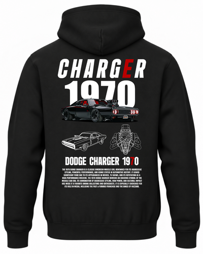 Czarna bluza z kapturem z nadrukiem samochodu Dodge Charger 1970