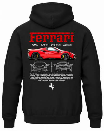 Czarna bluza z kapturem z nadrukiem czerwonego samochodu Ferrari F8 Tributo