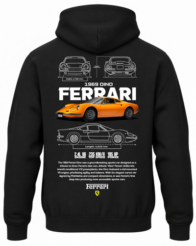 Czarna bluza z kapturem z nadrukiem samochodu Ferrari Dino