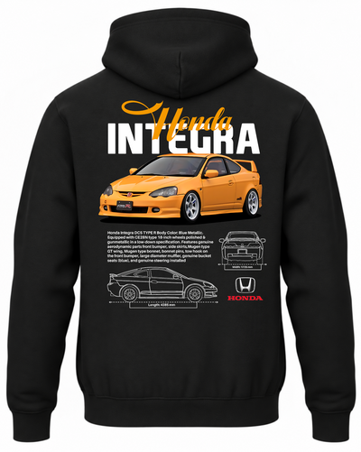 Czarna bluza z kapturem z nadrukiem sportowego samochodu Honda Integra