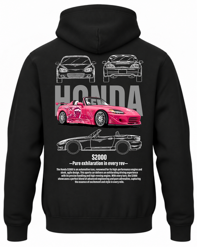 Czarna bluza z kapturem z nadrukiem samochodu Honda S2000 Suki