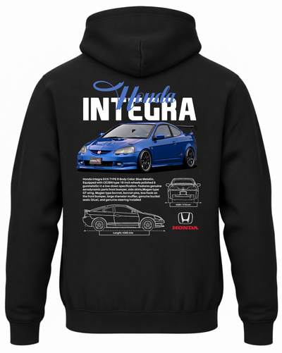 Czarna bluza z kapturem z nadrukiem samochodu Honda Integra