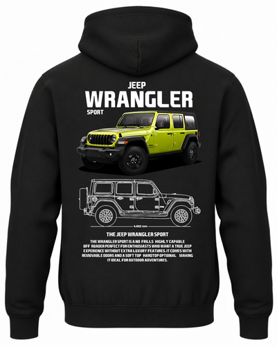 Czarna bluza z kapturem z nadrukiem terenowego samochodu Jeep Wrangler