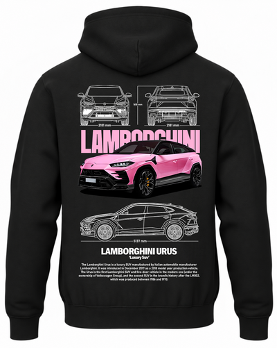 Czarna bluza z kapturem z nadrukiem Lamborghini Urus – różowy
