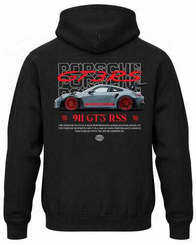 Czarna bluza z kapturem z nadrukiem Porsche – ilustracja