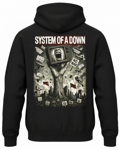Czarna bluza z kapturem z napisem System of a Down, dłonią z telewizorem i hasłem No War na plecach