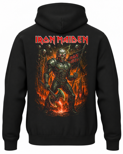Czarna bluza z kapturem z napisem Iron Maiden i Eddiem wśród płomieni na plecach