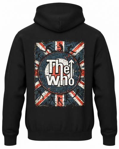 Czarna bluza z kapturem z logo The Who na tle flagi Union Jack na plecach