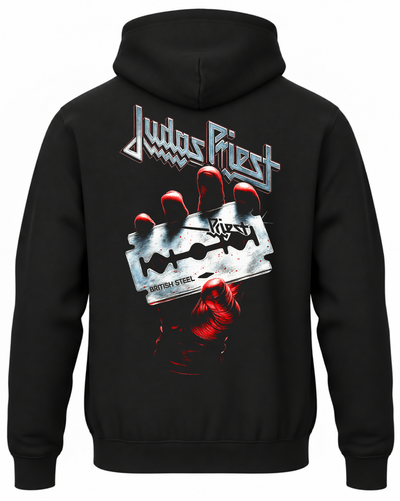 Czarna bluza z kapturem z napisem Judas Priest i motywem żyletki British Steel na plecach