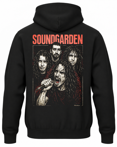 Czarna bluza z kapturem z czerwonym napisem Soundgarden i portretami muzyków, w tym wokalistą z mikrofonem na plecach