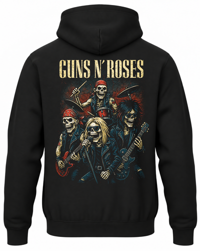 Czarna bluza z kapturem z napisem Guns N’ Roses i szkieletem wokalisty, gitarzystów oraz perkusisty na plecach