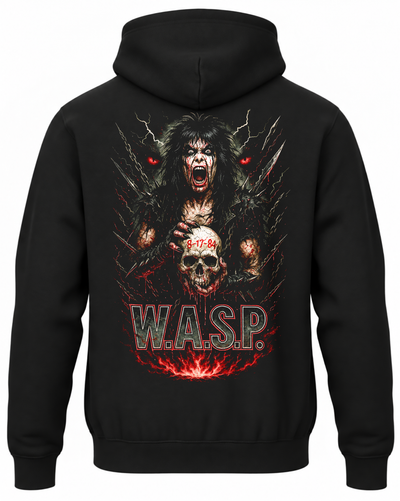 Czarna bluza z kapturem z napisem W.A.S.P., wokalistą trzymającym czaszkę i czerwonymi płomieniami na plecach