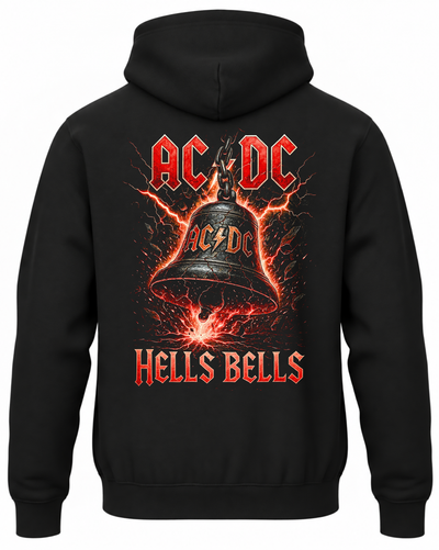 Czarna bluza z kapturem z napisem AC/DC Hells Bells, dzwonem i czerwonymi błyskawicami na plecach