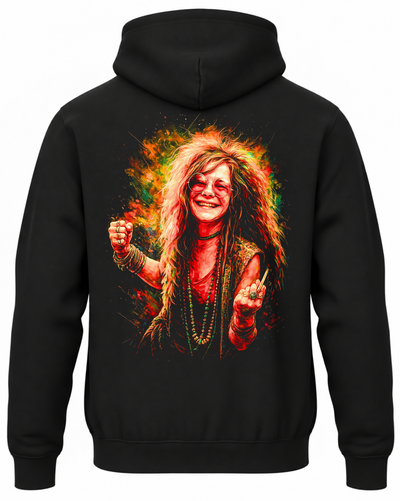 Czarna bluza z kapturem z kolorowym portretem uśmiechniętej Janis Joplin w okularach i koralach na plecach